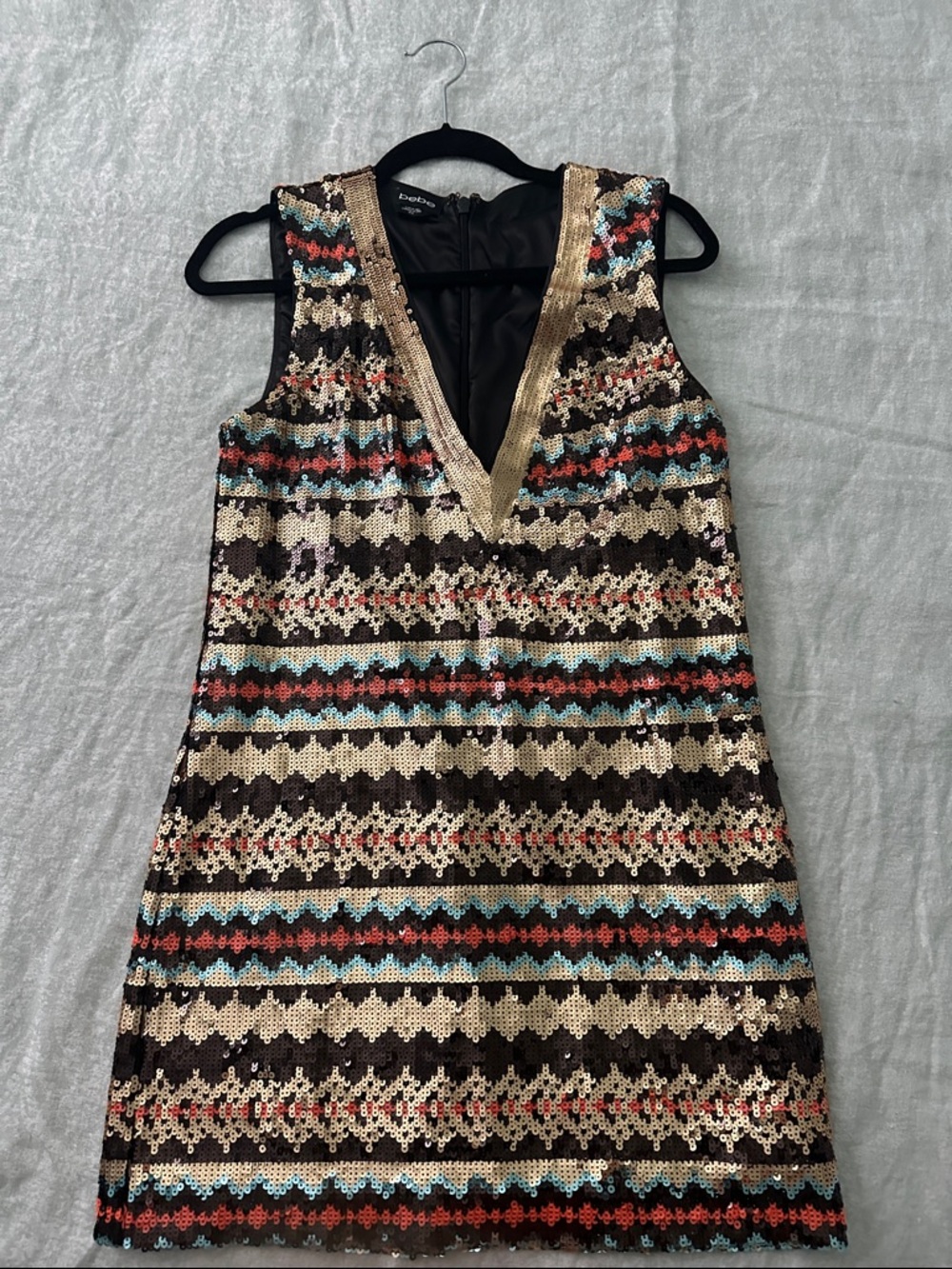 bebe Multi-Color Sequin V-Neck Mini Dress with Gold Trim